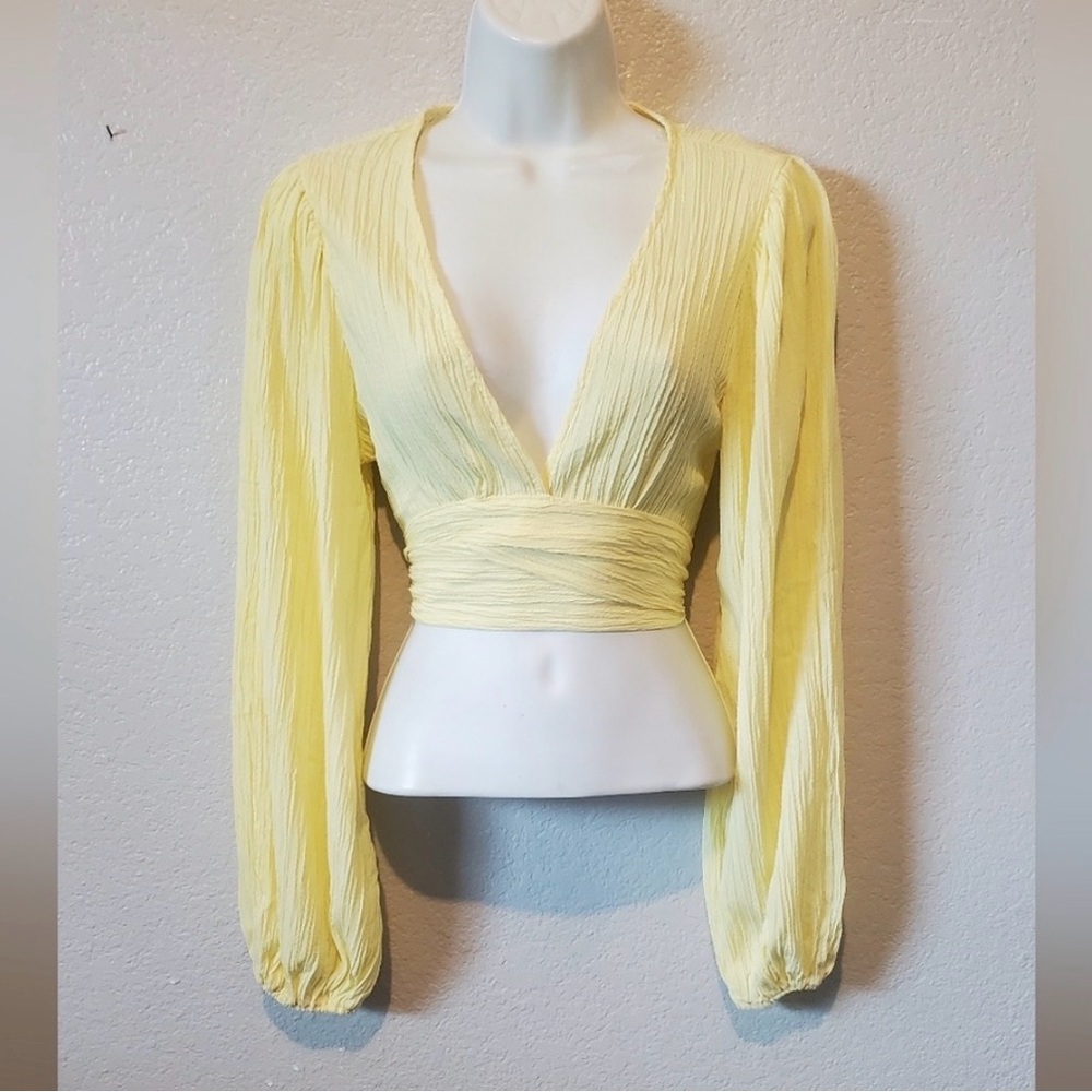 Small Yellow HYFVE Long Balloon Sleeves Wrap Cropped Low Cut Boho Blouse flawed
